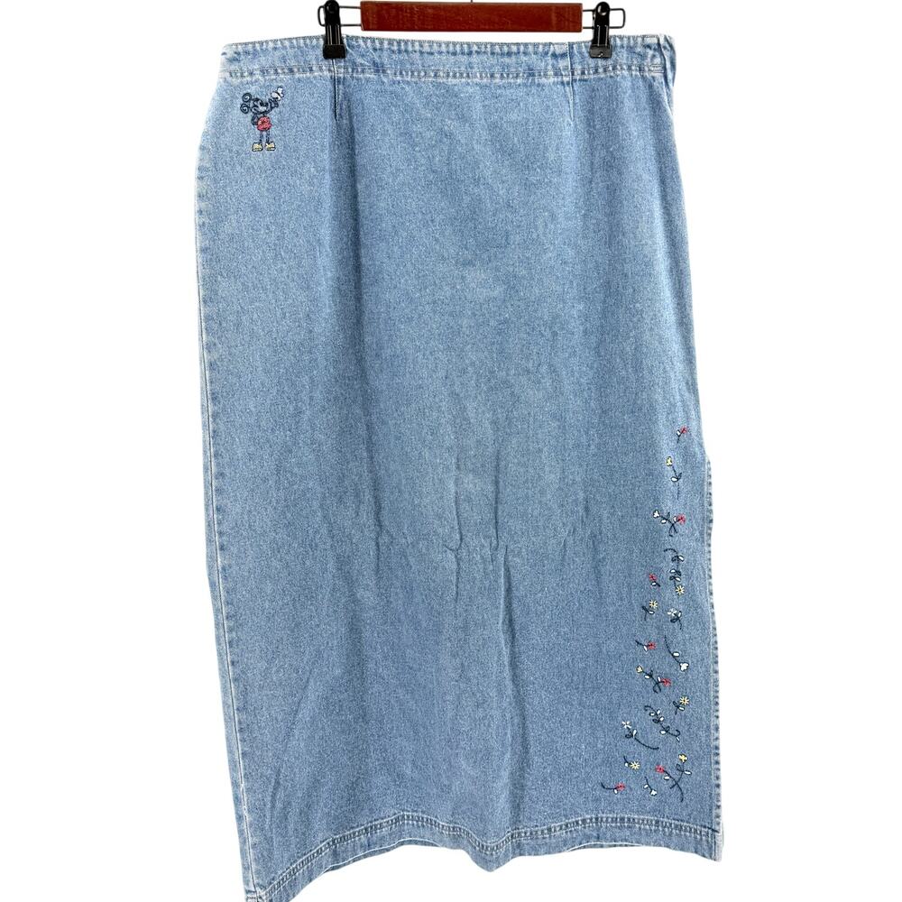 Vintage 90s Disney Store Denim Mickey Mouse Embroidered 100% Cotton Maxi Skirt